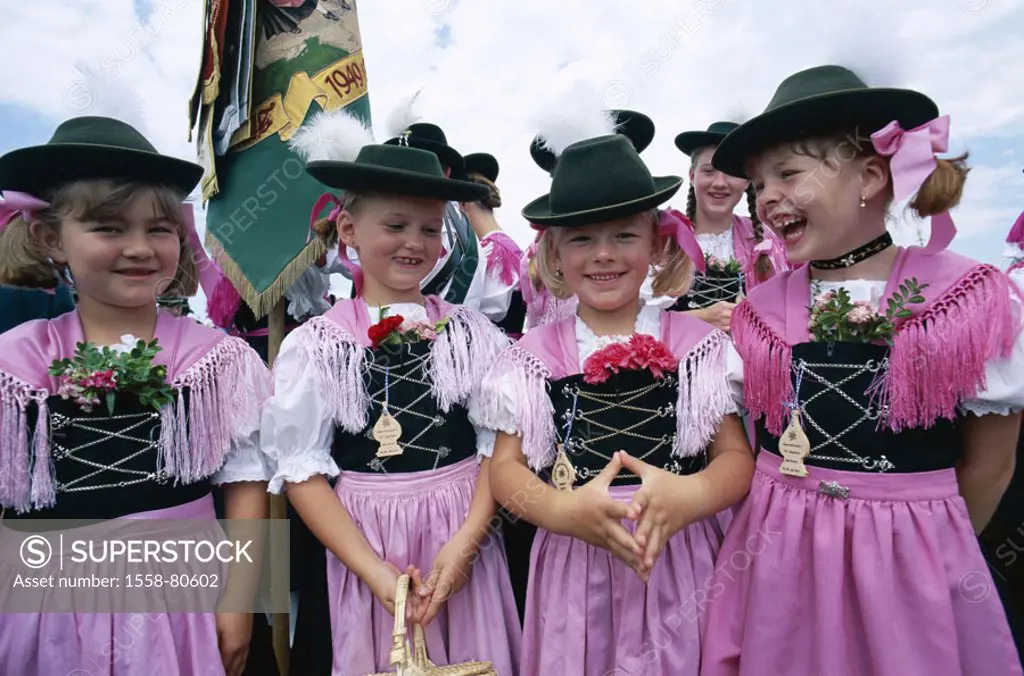 Germany, Bavaria, Rosenheim,  Girls, cheerfully, traditional costume, group picture,  Europe, Southern Germany, Upper Bavaria, party, festival, childr...