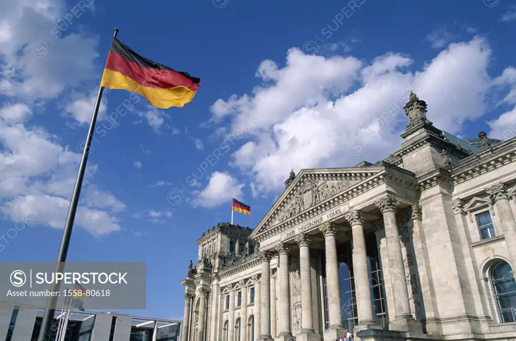 Germany, Berlin, Reichstag buildings,  National flags only editorially! Series, Europe, capital, Berlin zoo, sight, buildings, construction, architect...