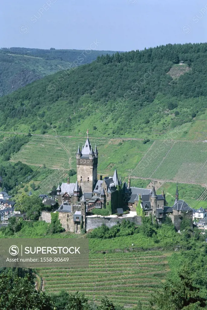 Germany, Rhineland-Palatinate, Cochem,  Vineyards, Reichsburg,  Europe, Mosalee valley, rise, castle, castle installation, building, construction, bui...
