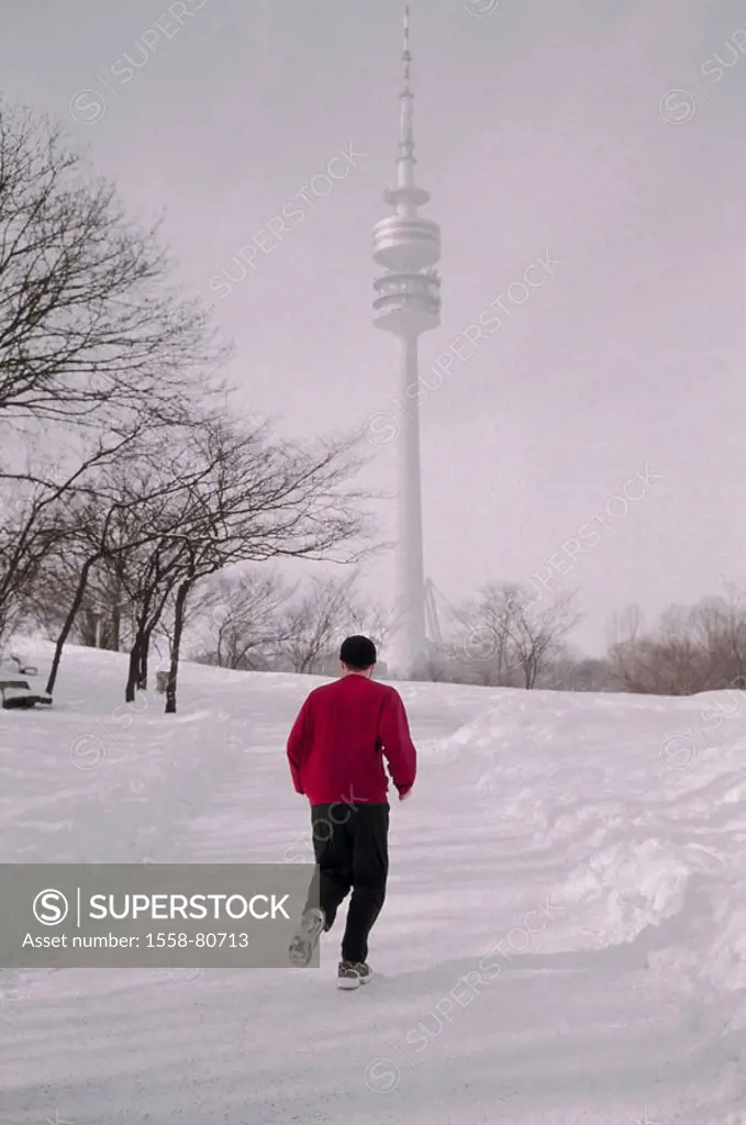 Germany, Upper Bavaria, Munich, Olympiagelände, television tower, joggers, view from behind, winters, Bavaria, head meadow field, Olympiapark, man, , ...