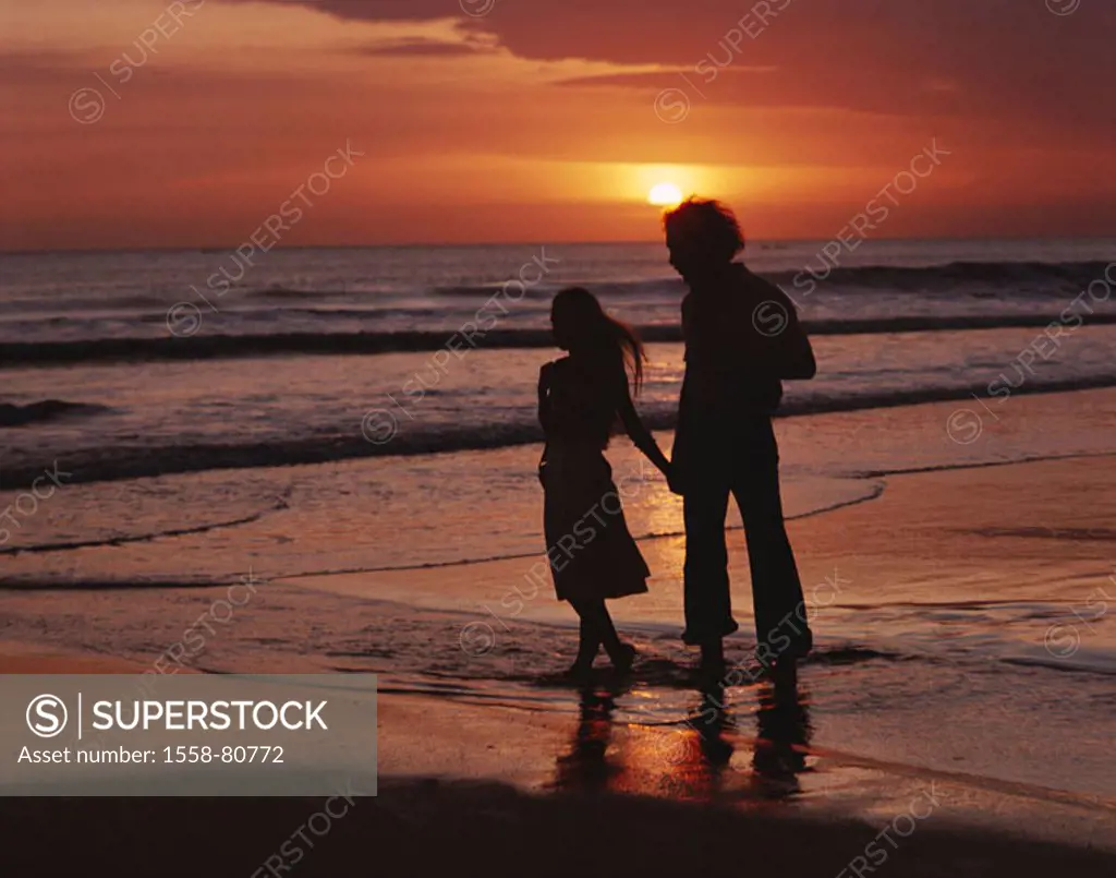 Beach, couple, hand in hand, silhouette,  Sea, sunset,  Love, falls in love, vacation, leisure time, walk, beach walk, romance, vacation acquaintance,...