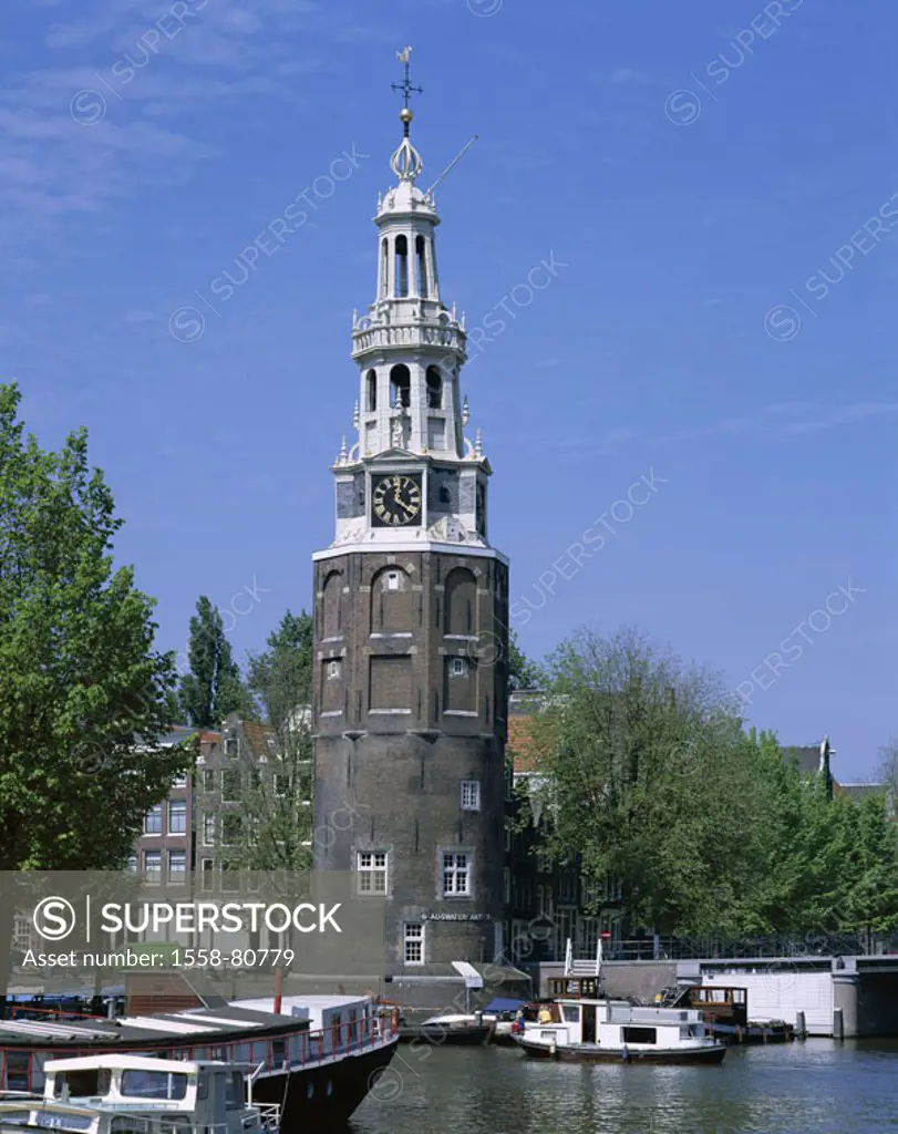 Netherlands, Holland, Amsterdam,  Montelbaanstoren, watchtower, 1512,  Canal, boats,  City, cityscape, buildings, Uhrturm, tower, city tower, Motelbaa...