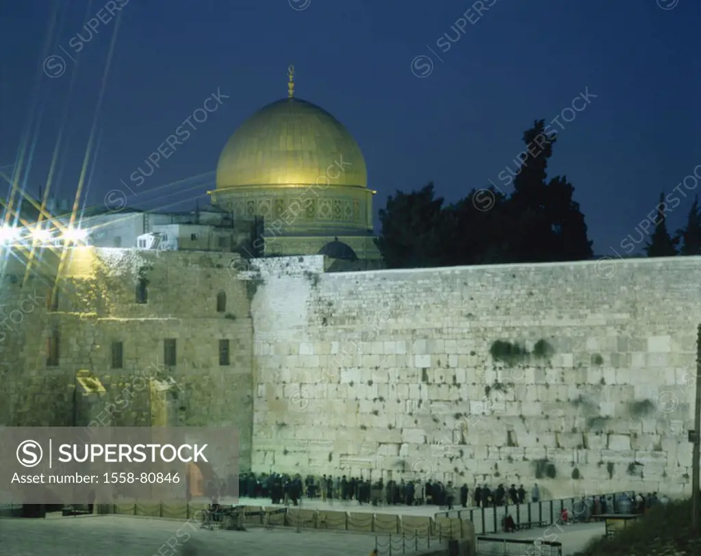 Israel, Jerusalem, people,  Complaint wall, rock cathedral, detail,  Dome, golden, night  Near east, capital, city, buildings, construction, culture, ...