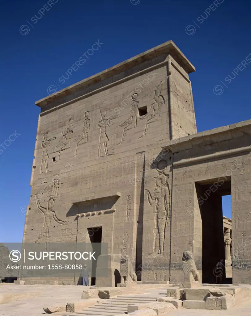 Egypt, Assuan, Agilkia,  Philae-Tempel   Aswan, island, Nile island, sanctuary, construction, temples, temple installation of Philae, walls, reliefs, ...