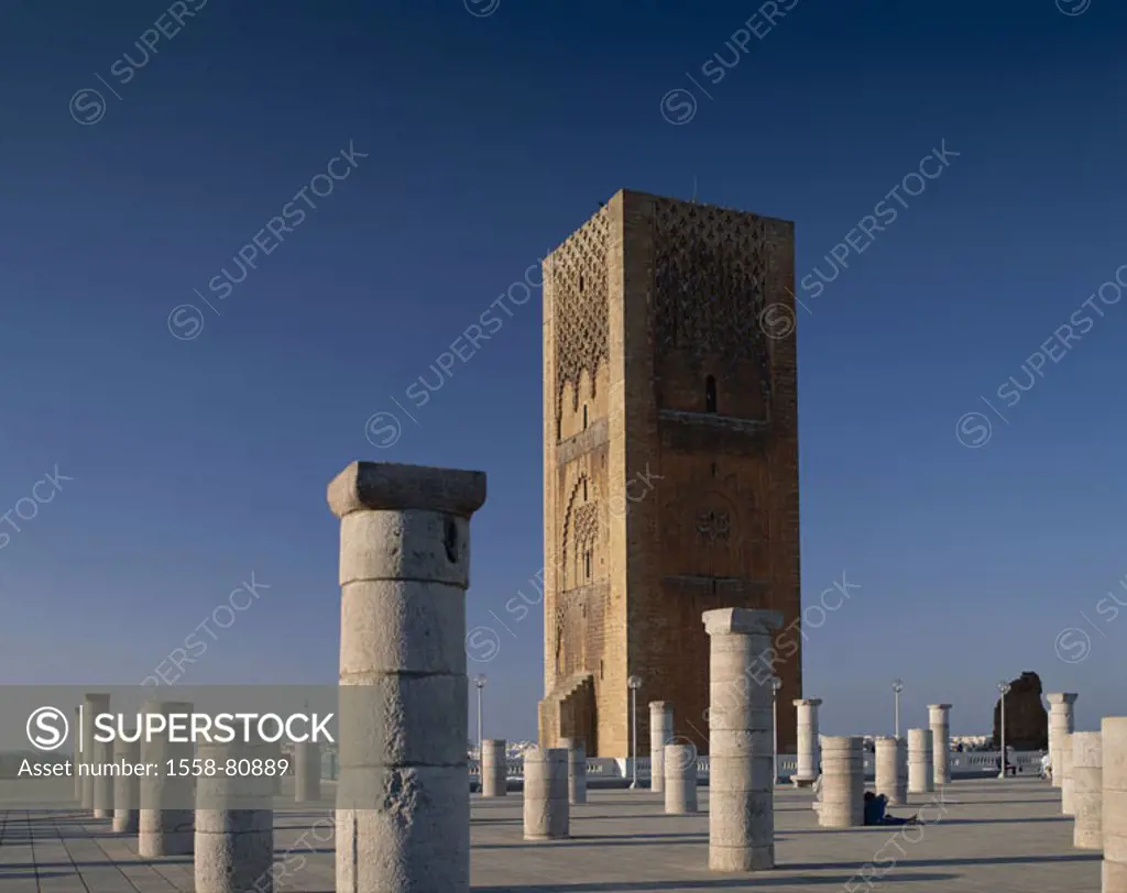 Morocco, Rabat, Hassan-Turm,  Columns  Africa, North Africa, city, capital, La tour Hassan, tower, landmarks, square minaret, stone relief, constructi...
