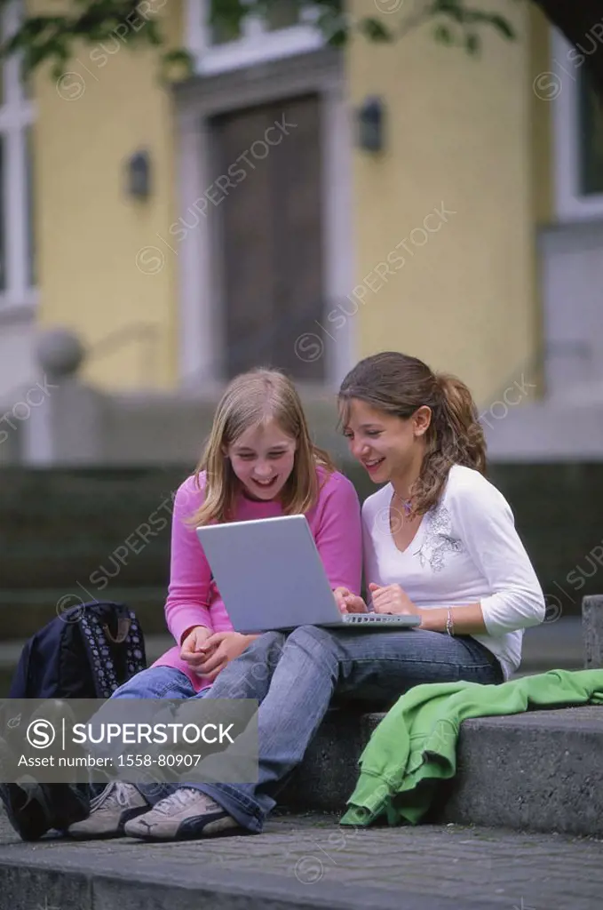 Teenager, girls, laptop, cheerfully, laughing  Leisure time, teenager girls, 14 years, sisters, sitting siblings, friends, steps, computers wearable, ...