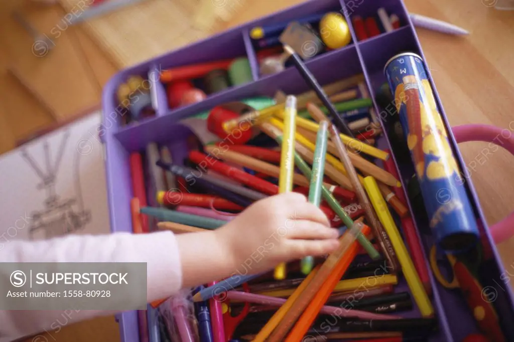 Child, detail, hand, pens, grasps   Child hand, crayons, colors, chooses colorfully, playing, paints, decorates, draws, shapes, concept, hobby, leisur...
