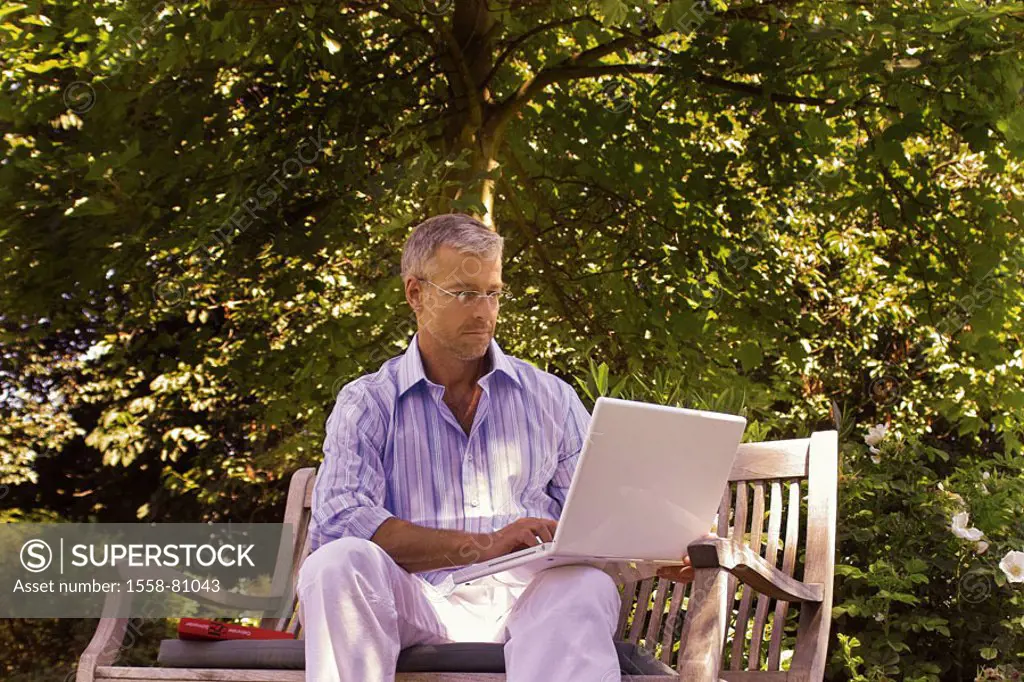 Garden bank, man, middle age, glasses,  sitting, laptop, data input   Series, 40-50 years, well Age, glasses bearers grey-haired, short-haired, good-l...