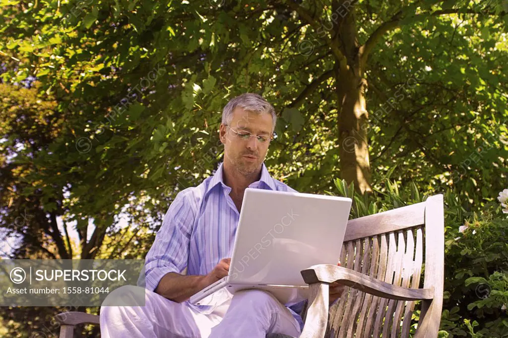 Garden bank, man, middle age, glasses,   sitting, laptop, data input   Series, 40-50 years, well Age, glasses bearers grey-haired, short-haired, good-...