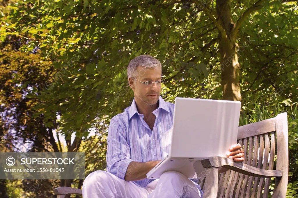 Garden bank, man, middle age, glasses,   sitting, laptop, data input   Series, 40-50 years, well Age, glasses bearers grey-haired, short-haired, good-...
