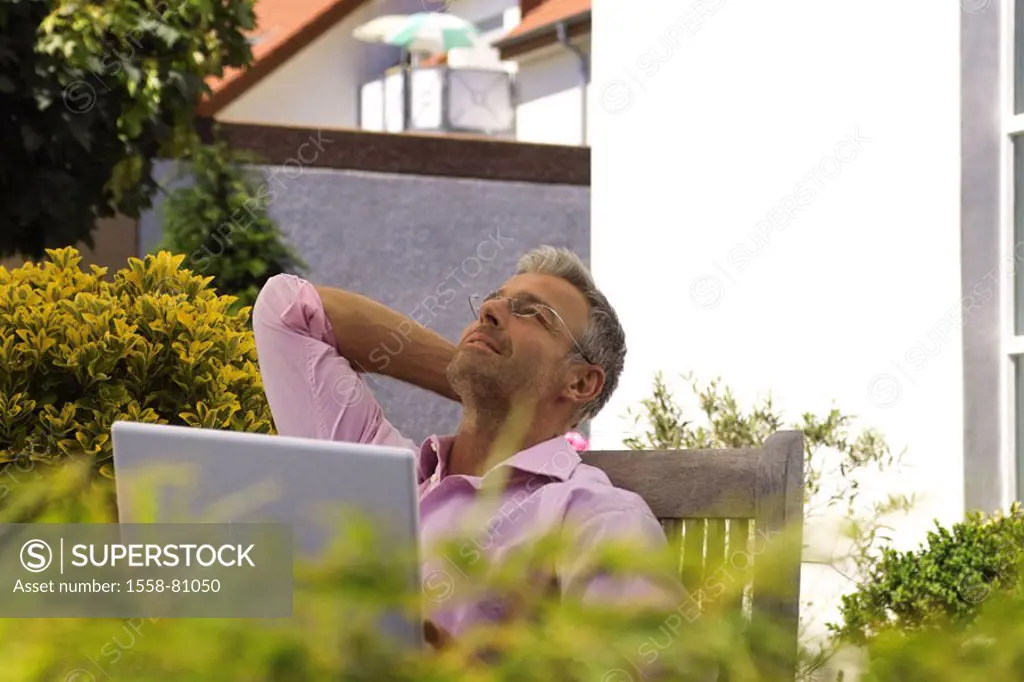 Terrace, man, middle age, glasses,  high-looks, laptop  Series, 40-50 years, well Age, glasses bearers grey-haired, short-haired, good-looking leisure...