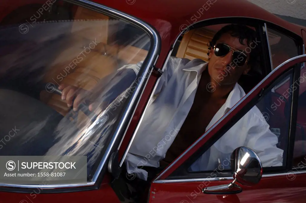 Man, old-timers, Ferrari ´Dino´, red,   Driver seat, sitting, auto door, frankly, detail only editorially Series, 20-30 years, 30-40 years, dark-haire...