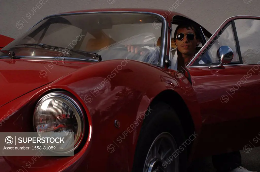 Man, old-timers, Ferrari ´Dino´, red,  Driver seat, sitting, auto door, frankly, detail only editorially Series, 20-30 years, 30-40 years, dark-haired...