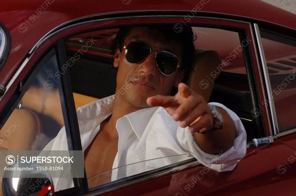 Man, old-timers, Ferrari ´Dino´, red,  Gaze, side windows, cool, gesture, shows only editorially Series, 20-30 years, 30-40 years, dark-haired, glasse...