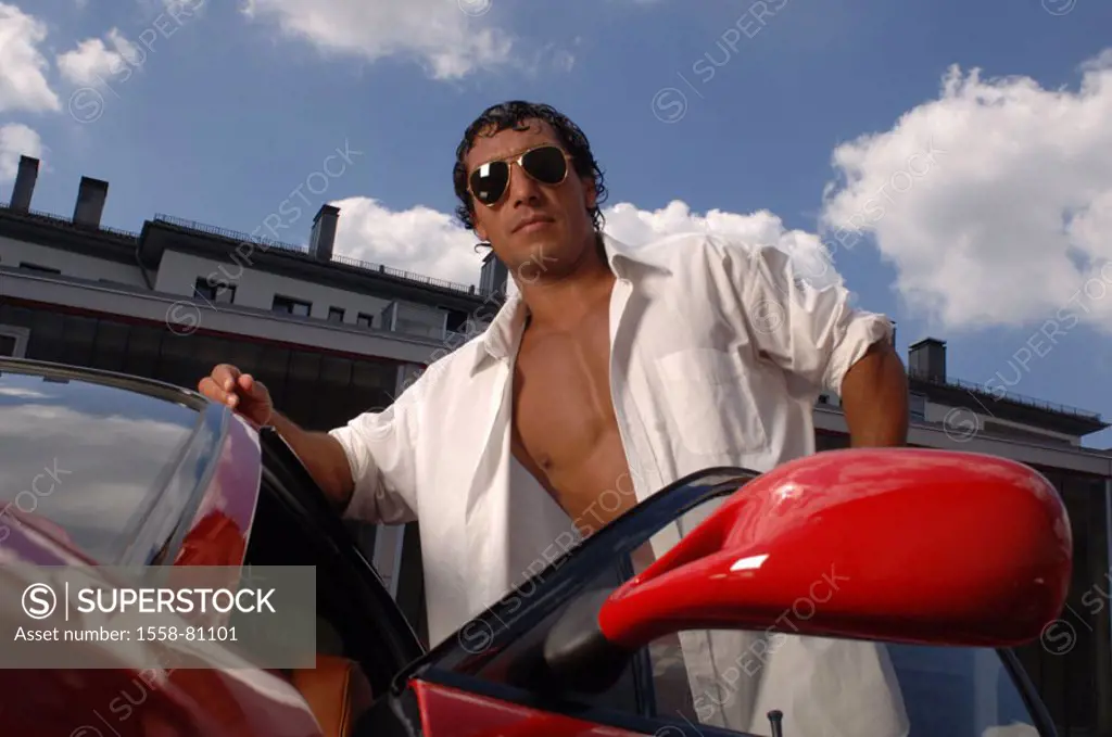 Man, sun glass, shirt open, Ferrari Testarossa, gets on, detail only editorially Series, 20-30 years, 30-40 years, dark-haired, glasses, Shirt open, c...