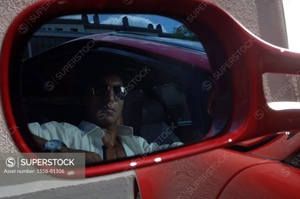 Man, Ferrari Testarossa, red, sitting,  Gaze, side mirrors, detail only editorially Series, 20-30 years, 30-40 years, dark-haired, glasses, Motorists,...