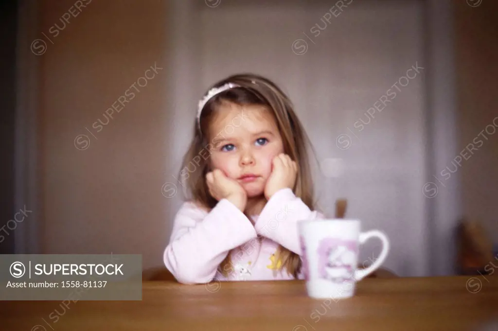 Table, child, girls, sorrowfully, cup, Portrait, fuzziness,  Tomorrow, 4-5 years, long-haired, sitting, head resting, has breakfast, beverage, sulks, ...
