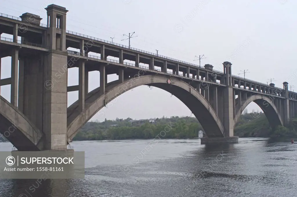 Ukraine, Saporoschje, river Dnjepr,  Bridge  Europe, Eastern Europe, city, architecture, bridge architecture, arch bridge,