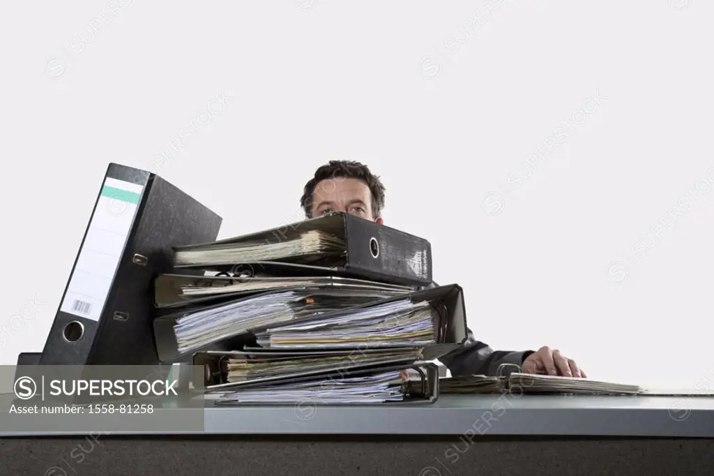 Desk, office worker,  File folders, stack, chaos  Office, man, employee, file stack, folder, records, work, stress, overstrain, overload, overtime, ov...