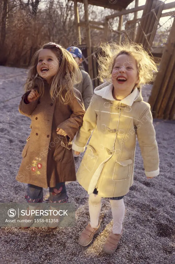 Playground, children, girls, laughing, omitted  Leisure time, vacation, 4-5 years, siblings, friends, winter clothing, playing, together, activity, ha...