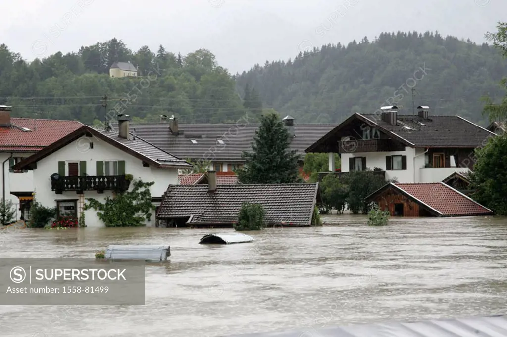 Germany, Bavaria, Eschenlohe,  River Loisach, high waters, skyline, Houses, floods, rains not exclusive Europe, Upper Bavaria, South Bavaria, village,...
