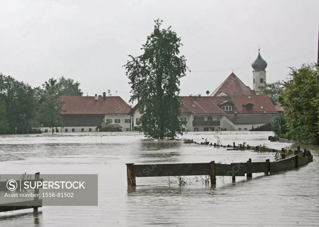 Germany, Bavaria, Eschenlohe,  River Loisach, high waters, skyline, Flooded houses, fence, rains not exclusive Europe, Upper Bavaria, South Bavaria, v...