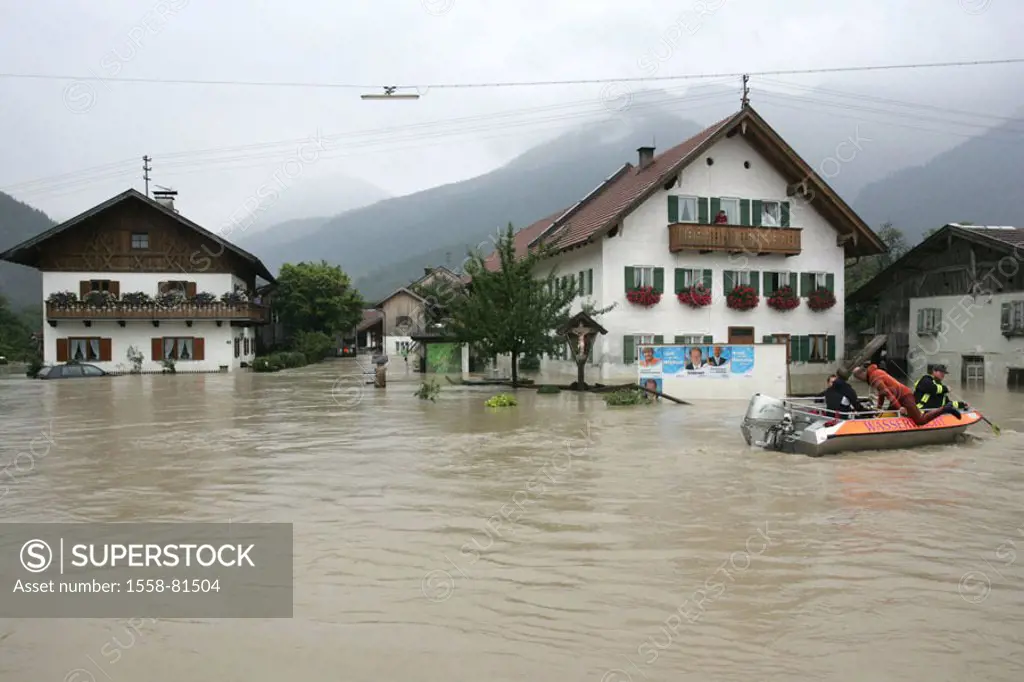 Germany, Bavaria, ash raging flame, river, Loisach, high waters, residences,  flood, rescue strengths, boat, only speaks. not exclusive Europe, Upper ...