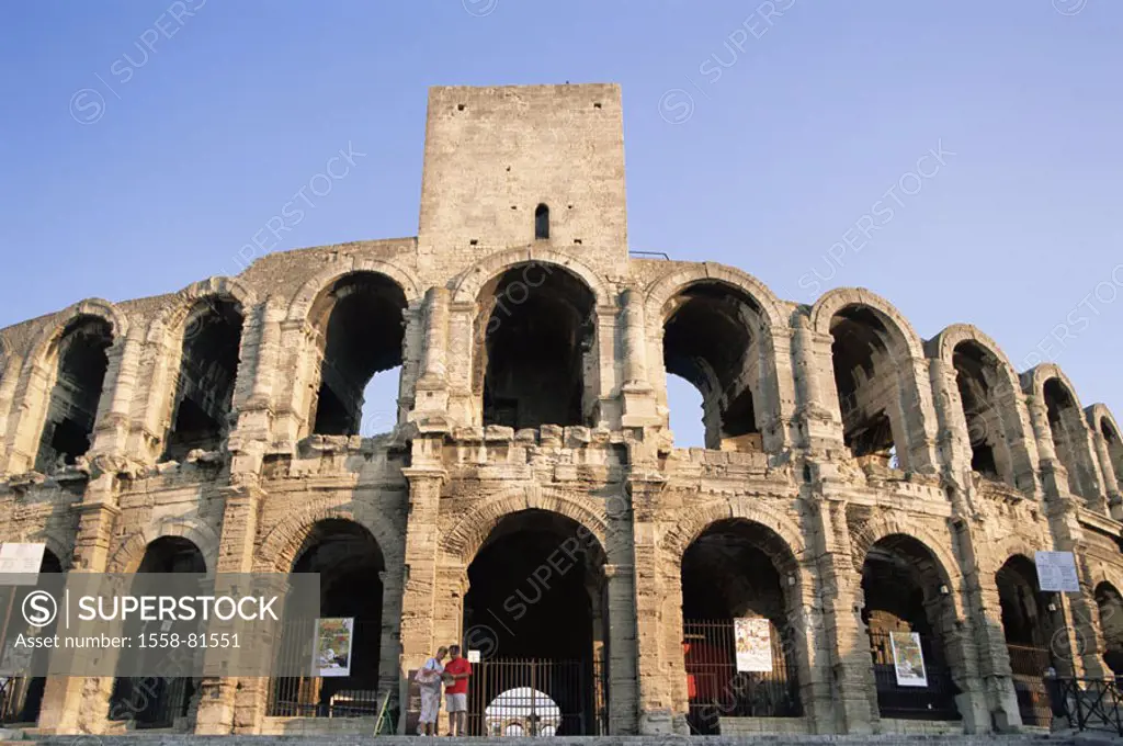 France, Arles, Roman amphitheater,  by 46 v. Chr., today bullring,  Facade  Europe, Provence, department Bouches-du-Rhone, city, cityscape, constructi...