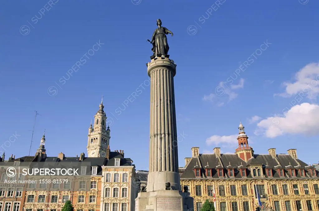 France, Lille, Place you general  de Gaulle, house facades, column,  Monument of the goddess  Europe, North France, Nord-Pas-de-Calais, city, place, c...