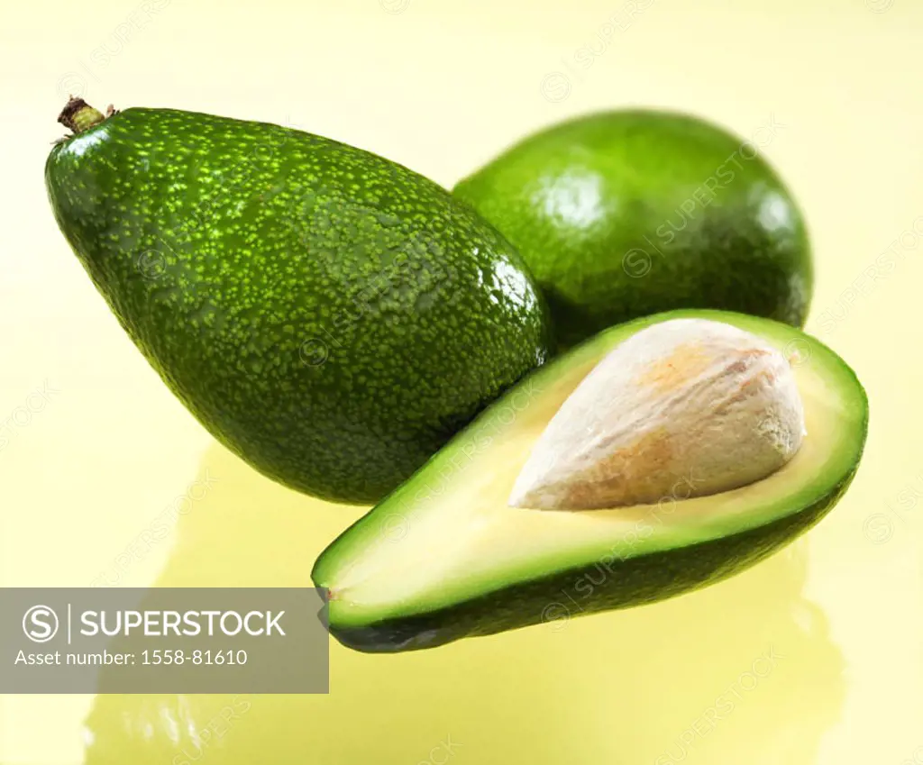 Avocados, completely, halves   Laurel plants, avocado pear, advocate pear, alligator pear, Persea americana, food, fruit vegetables, fruits, green, nu...