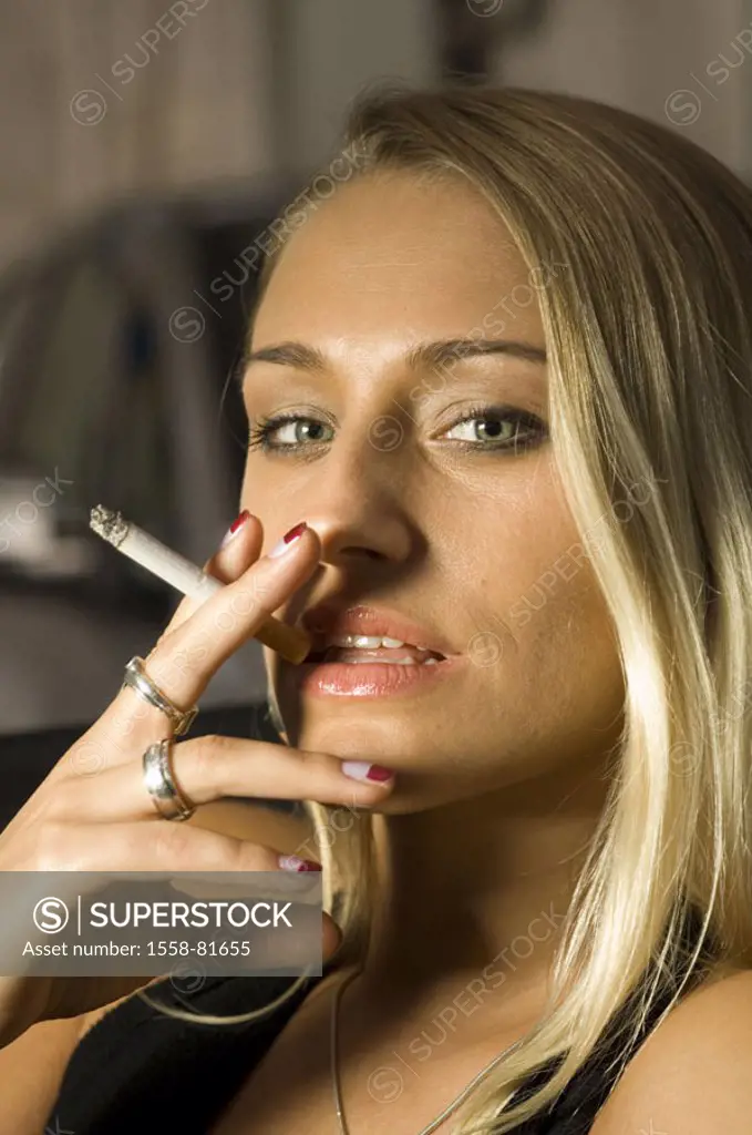 Woman, young, blond, cigarette,  smokes, gaze camera, portrait,   Series, 20-30 years, long hair, sitting, smoker, passenger seat, cool, carelessly, s...