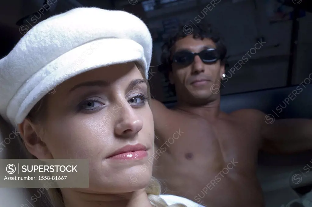 couple, young, sexy, cool, car, sitting,  Look camera, detail,   Series, motorists, sport cars, passenger, 20-30 years, blond, cap, white, fashion, Fa...
