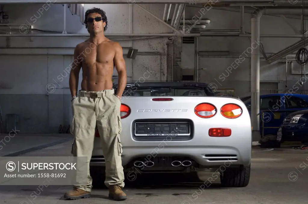 Hall, sport cars, man, upper bodies,  freely, sun glass, cool, nonchalant,  stand  Series, warehouse, garage, parking structure, car, sport car, Corve...