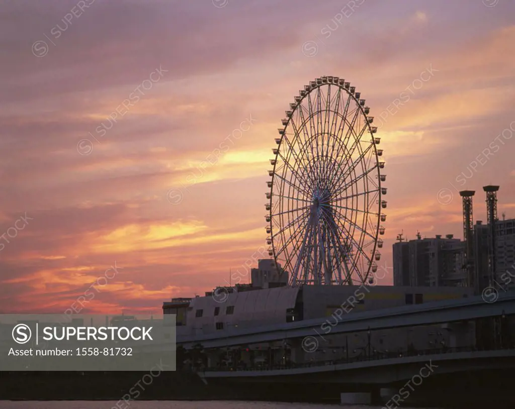 Japan, Tokyo, Waterfront, Aomi, Giant wheel, silhouette, evening heaven  Asia, Eastern Asia, island Honshu, capital, district, palette Town, amusement...