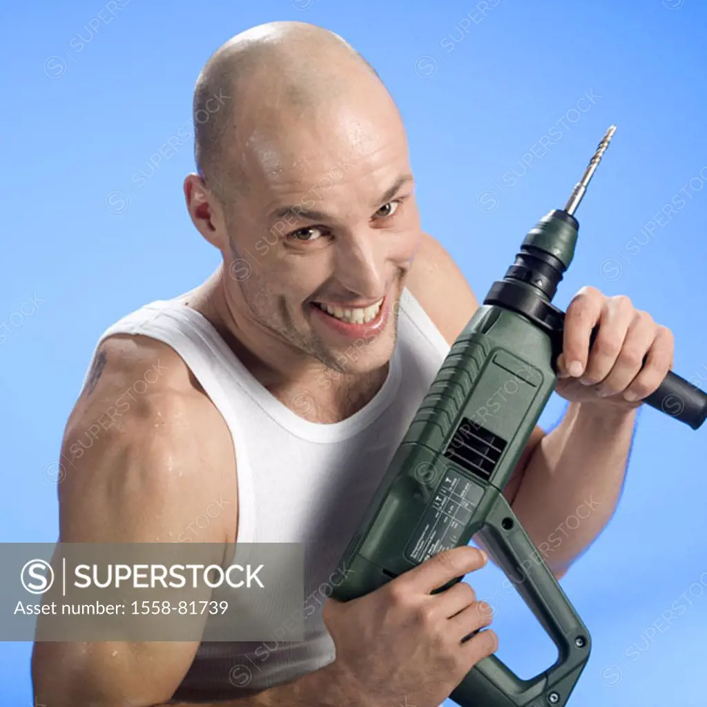 Man, young, bald head, smiling,  Drill, Halbporträt,  Occupation, craftspersons, do-it-yourselfers, 35 years, undershirt, muscular, perspiration, Do-i...