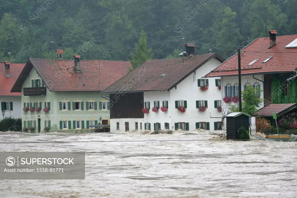 Germany, Bavaria, Eschenlohe,  River Loisach, high waters, skyline, Houses, floods not exclusive Europe, Upper Bavaria, South Bavaria, village, Überfl...