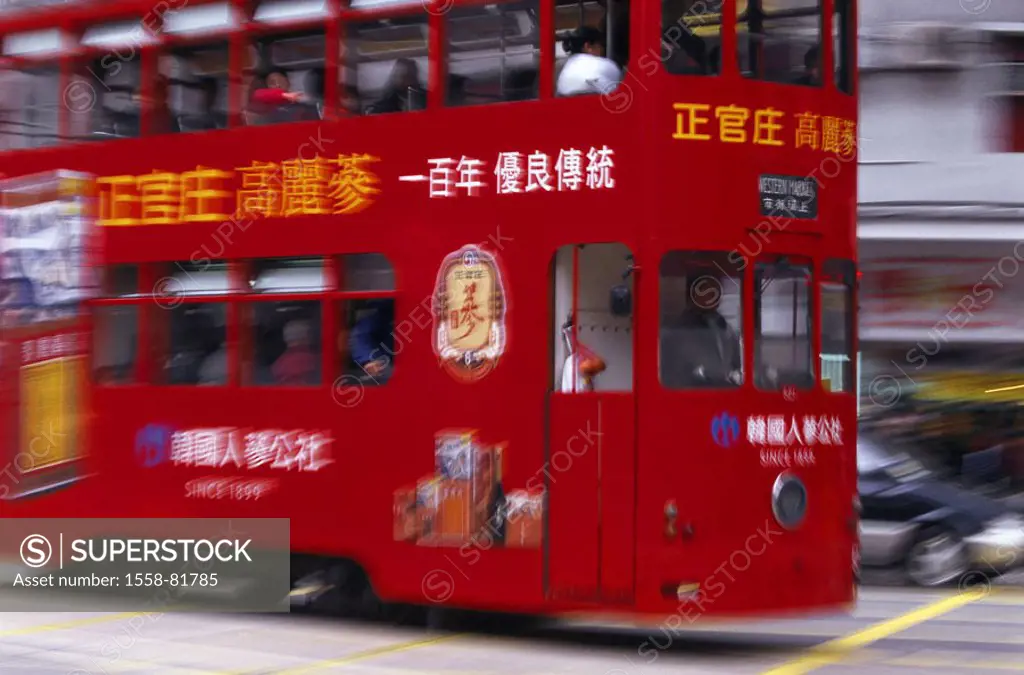 China, Hong Kong, tram, red, detail,  Fuzziness  Asia, Eastern Asia, city, city, district, island, city center, means of transportation, publicly, str...