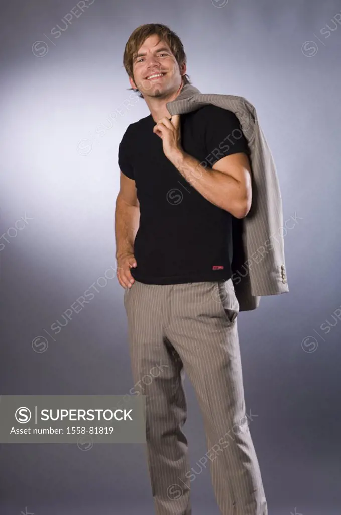 Man, young, suit, T-shirt, standing,  smiling, carelessly, self-confidently,  Look camera, studio,  Series, 25-35 years, 20-30 years, radiation, chari...