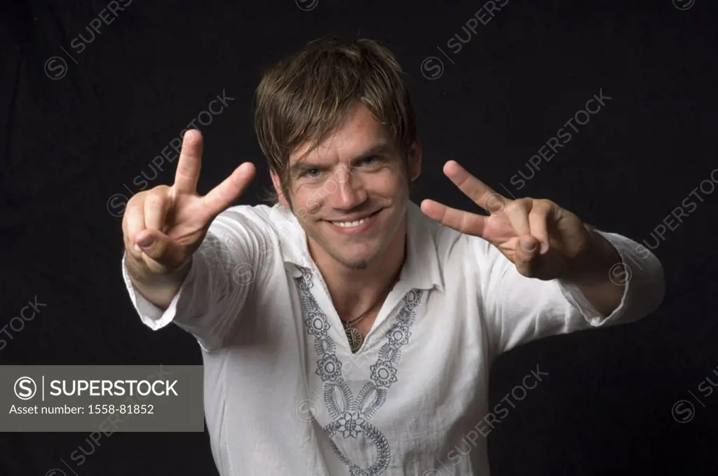 Man, young, shirt, white, embroiders,  Gesture, Victory signs, smiling,  Look camera, studio, portrait  Series, 25-35 years, 20-30 years, beard, chin ...