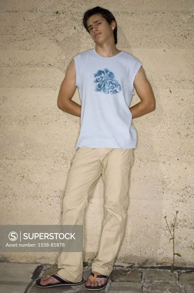 Teenager, wall, stand,  leaned, carelessly, self-confidently,  Look camera  Series, wall, boy, youth, teenagers, 14-18 years, clothing, pants, beige, ...