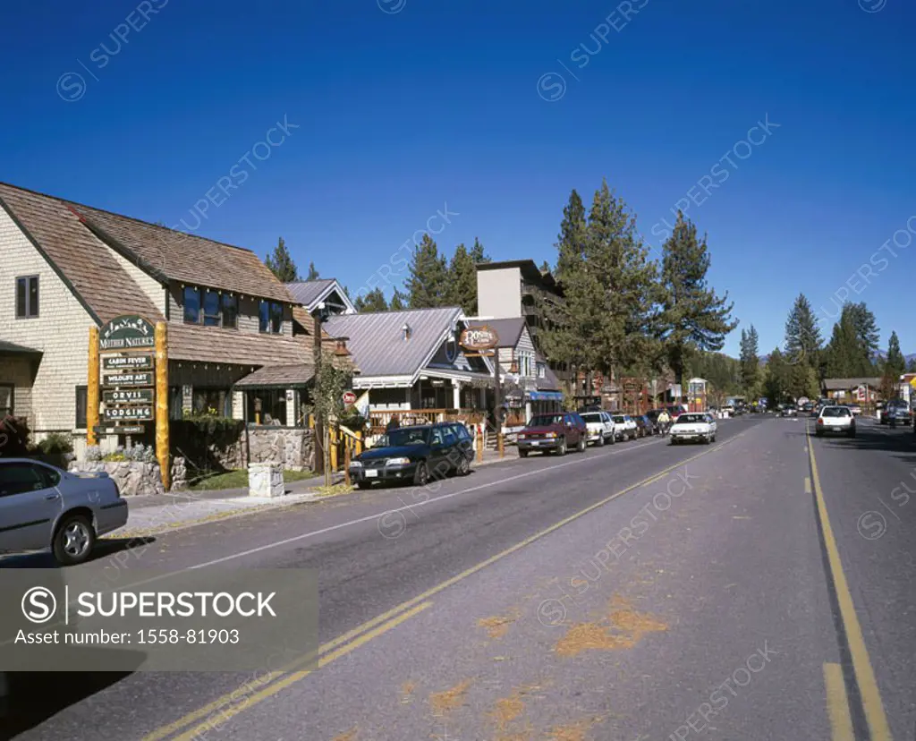 USA, California, Tahoe city, main street,   North America,  United States of America, city, destination street houses, buildings, shops, pubs, cafes, ...