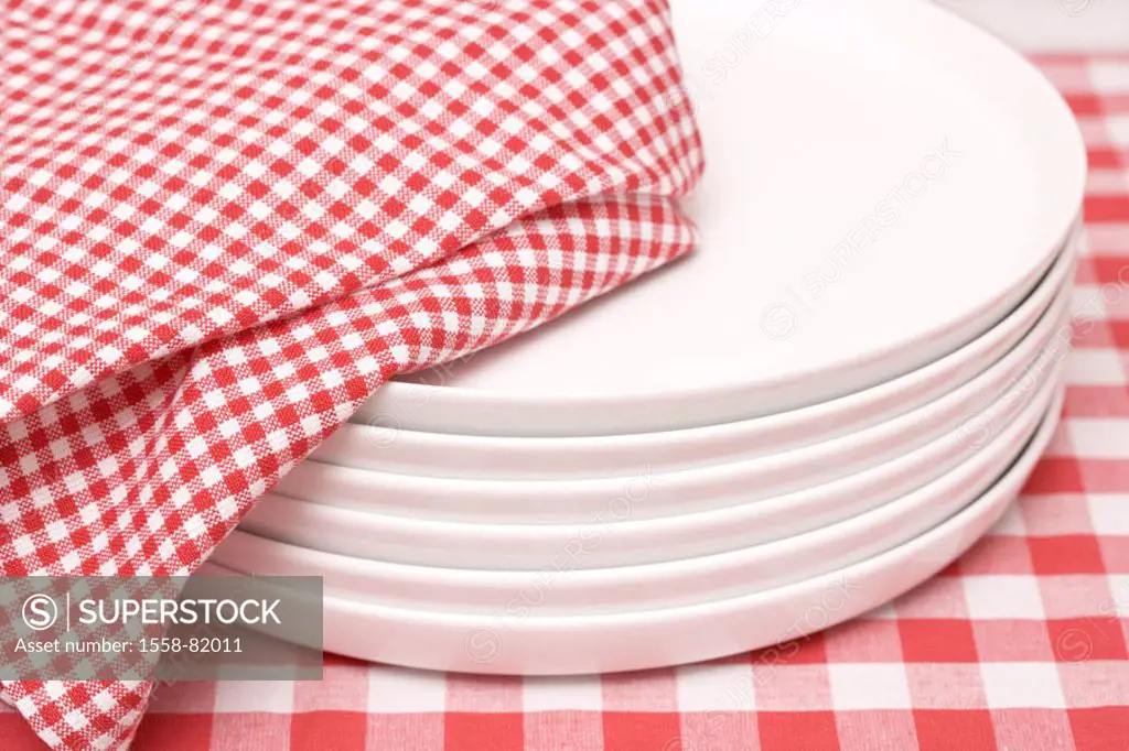 Table, plate stack, dish towel,  Detail   Tablecloth, checkered, pink, know-pink, food plates, Essteller, porcelain, white, simple, stack, stacked tab...