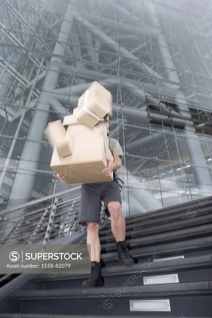 Business buildings, stairway, outside,  Package messenger, courier service, package stack,  Misfortune, package, falls down  Series, mail, courier, co...