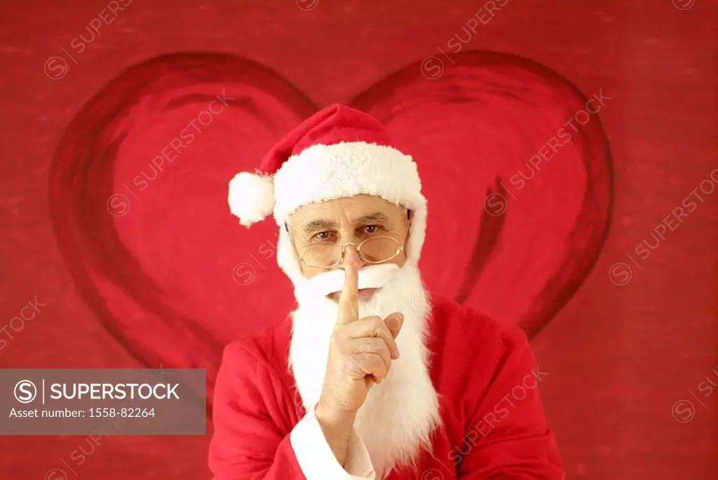 Santa Claus, gesture quiet,  Background, heart,  Christmas, Christmas time, party, love, glasses, headgear, cap, Nikolaus cap, corner cap red, disguis...