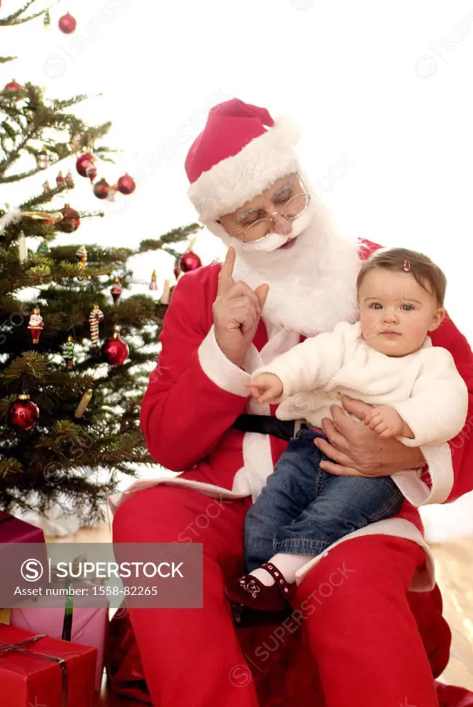 Santa Claus, gesture admonition,  sitting lap, toddler,  Series, child, baby, 1-2 years, innocence, dearly, religiously, gaze camera, Christmas, Chris...