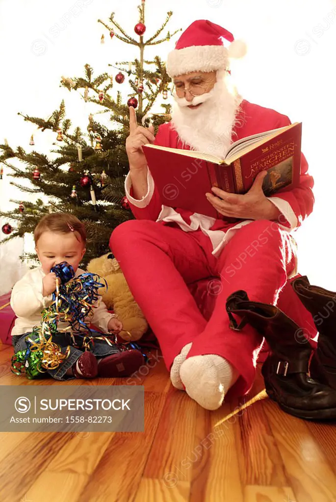 Santa Claus, book, reading,  sitting floor, baby, Gift band, playing Series, child, baby, 1-2 years, explores, discovers, experience, interest, learni...