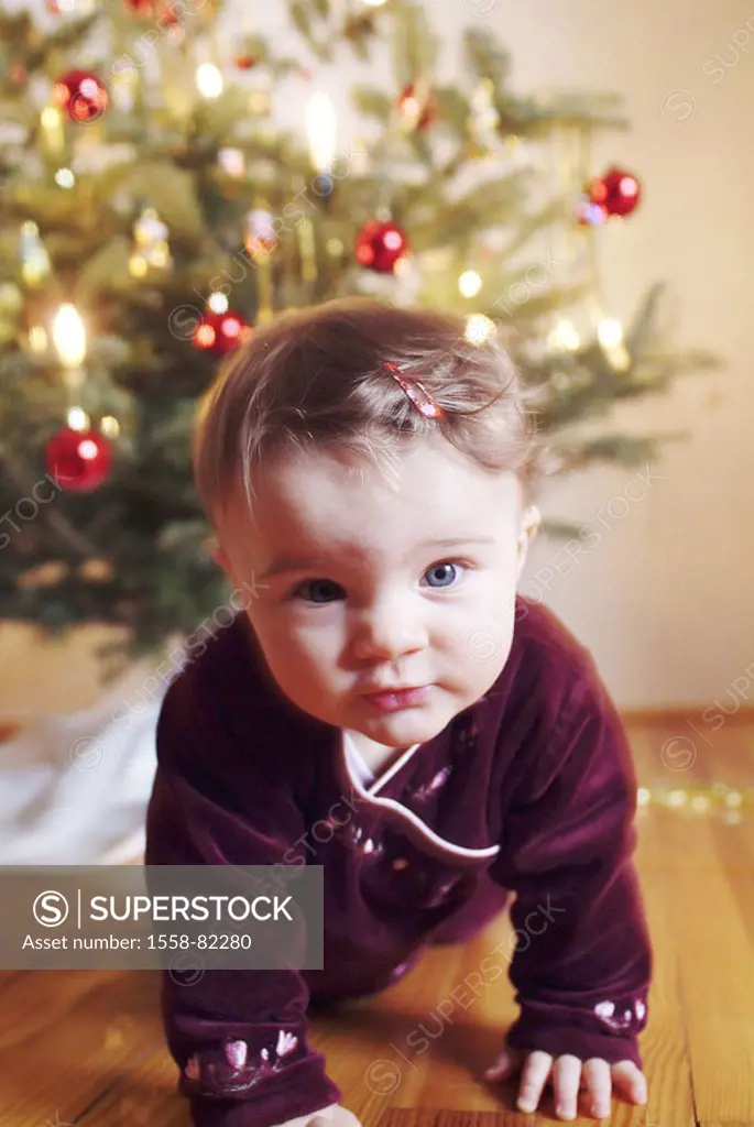 Toddler, alertly, gaze camera,  crawls, background, Christbaum,  Fuzziness Series, Christmas, party, Christmas time, lights, child, girls, baby, 1-2 y...