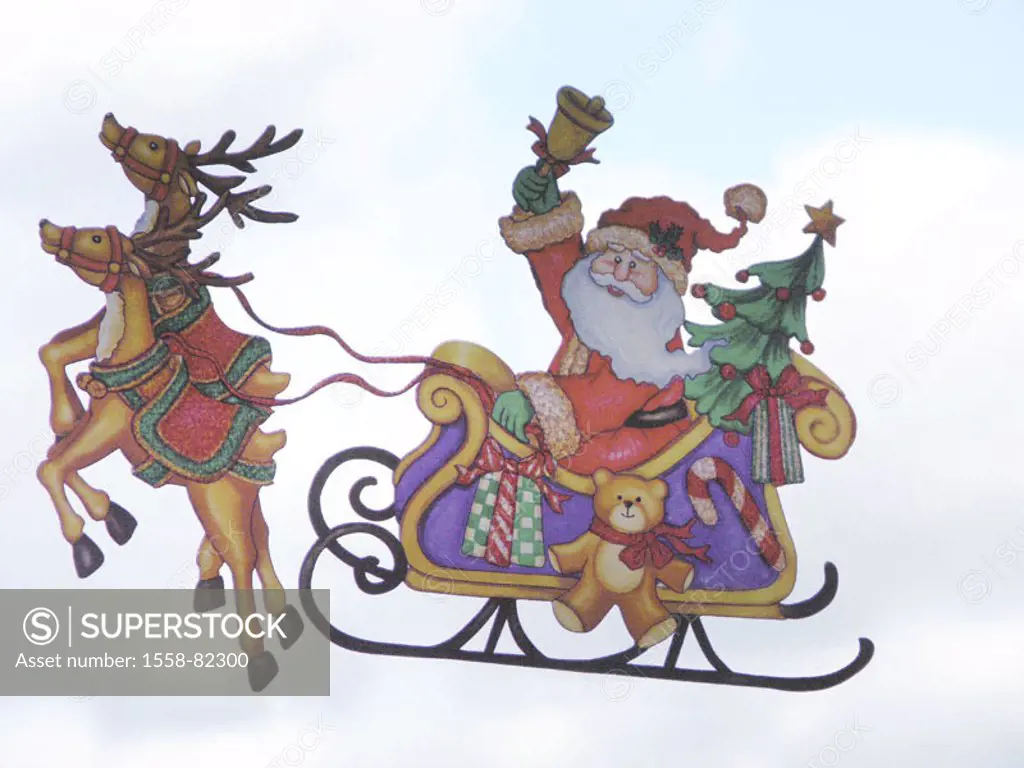 Christmas decoration, Fensterschmuck,  Sleighs, reindeers, Santa Claus  Windows, pane, window decoration, decoration, Christmas time, pre-Christmas pe...