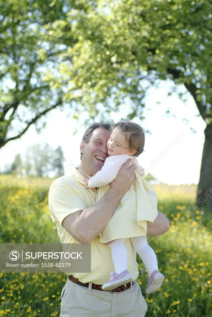 Grandfather, carries happily, grandson daughter,  Flower meadow  Series, father, man, 50-60 years, well Age, leisure time trip child 1-2 years toddler...