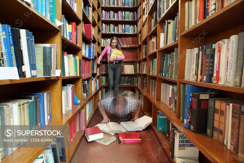 Library, bookshelves, students,   Fun, books, push-up, fuzziness,  Series, 18-20 years, 20-30 years, young, man, woman, two, student, student, youth, ...